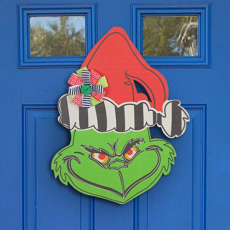 Grinch Christmas Wooden Wreath Front Door Welcome Sign Wall Home Decoration
