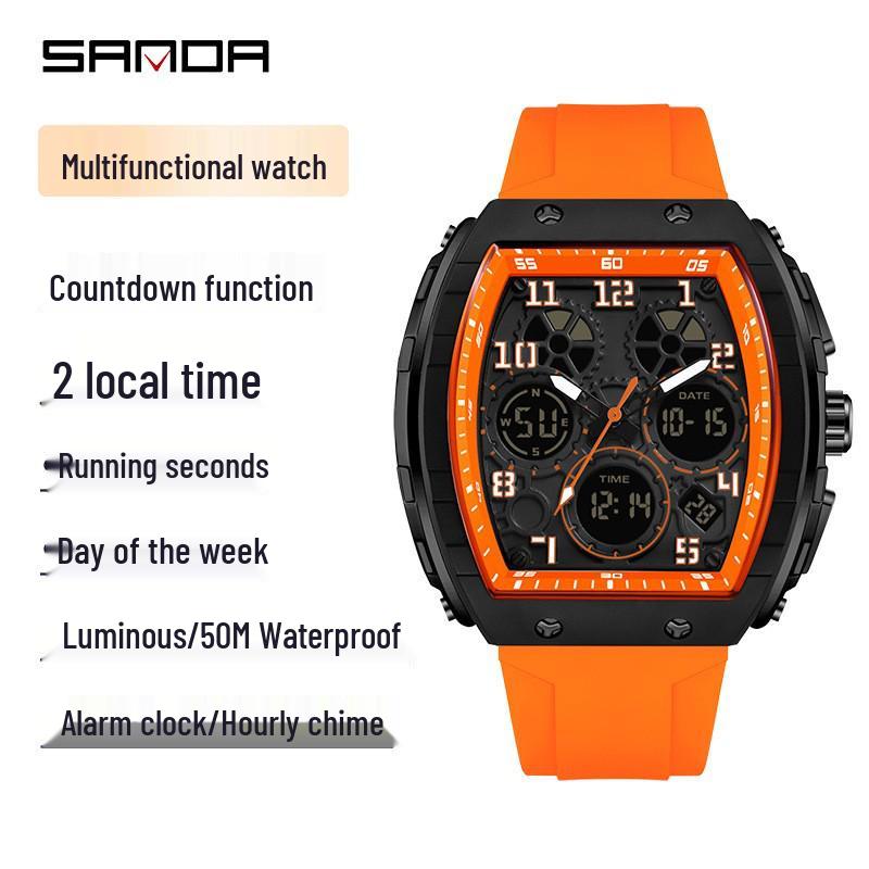 Sanda Dual-Movement Barrel Watch: Luminous Alarm, Large Dial, Multifunctional Student Watch.
