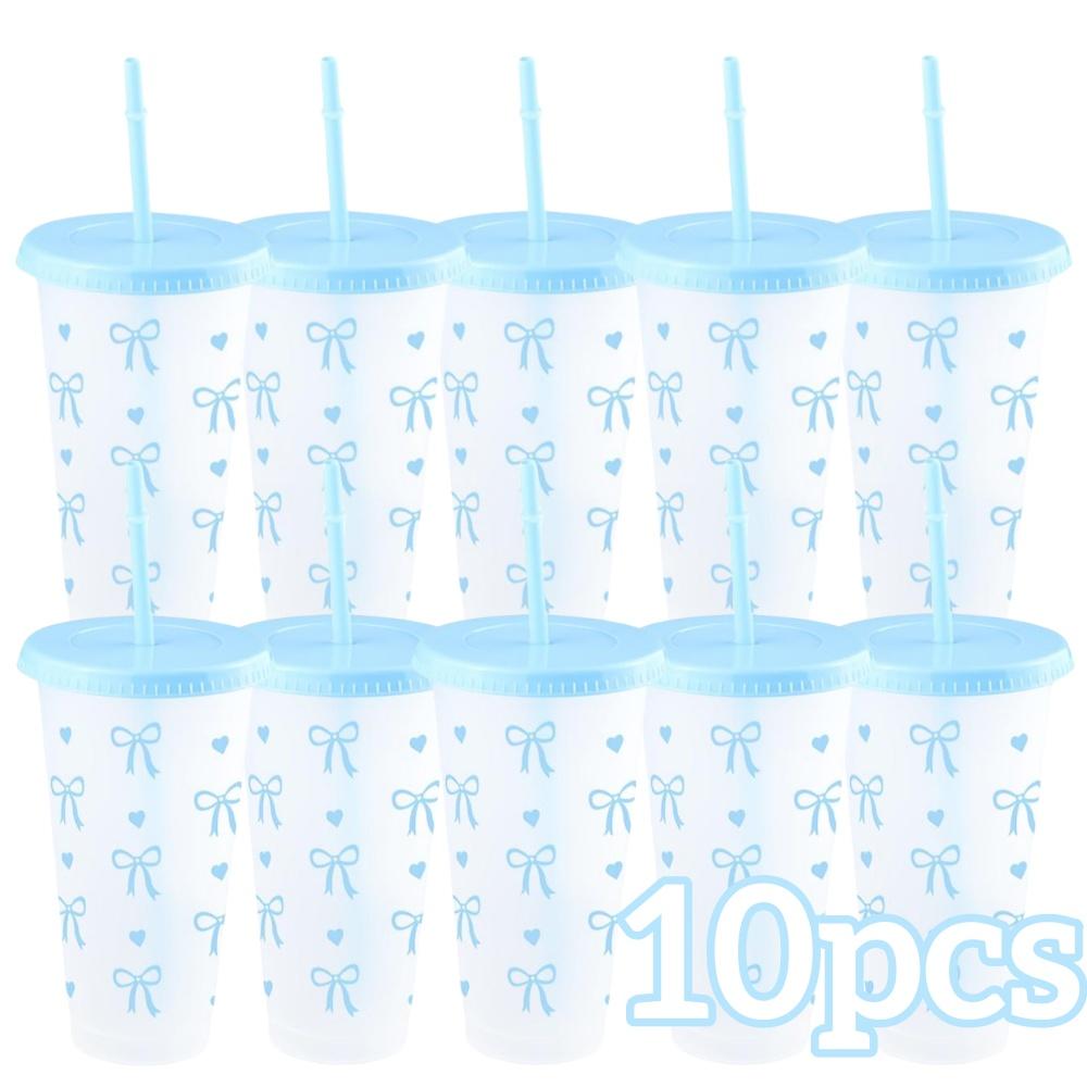 2/20pcs 24oz Reusable Party Cups with Straw & Lid Cute Bow Plastic Tumblers for Cold Drinks Home Office Outdoor Use Summer Gift