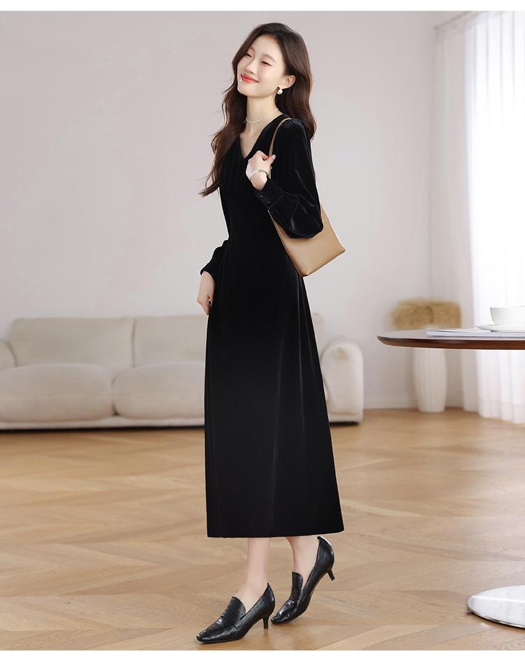 Genuine Velvet V-Neck Slim Long Dress for Women - French Chic Style