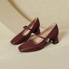 French Mary Jane Shoes Women's Middle Heel New Burgundy Light Mouth Square Head Single Shoes Retro Word with Thick Heel High Heels