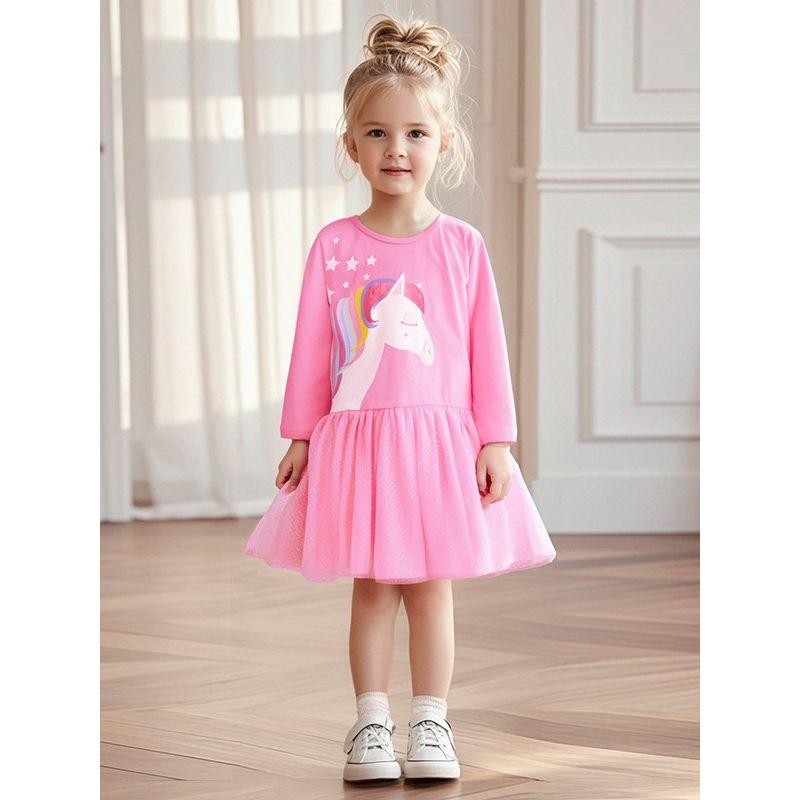Girls' Autumn Long-Sleeved Dress Baby Pink Unicorn Knitted Dress Kidsren's Pure Cotton Spring and Autum Princess Dress Trendy