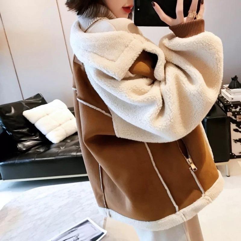 Deerskin Fleece Jacket Women's Autumn and Winter Short Small Loose Thickened Fur Integrated Fried Street Lamb Fleece Locomotive Clothing