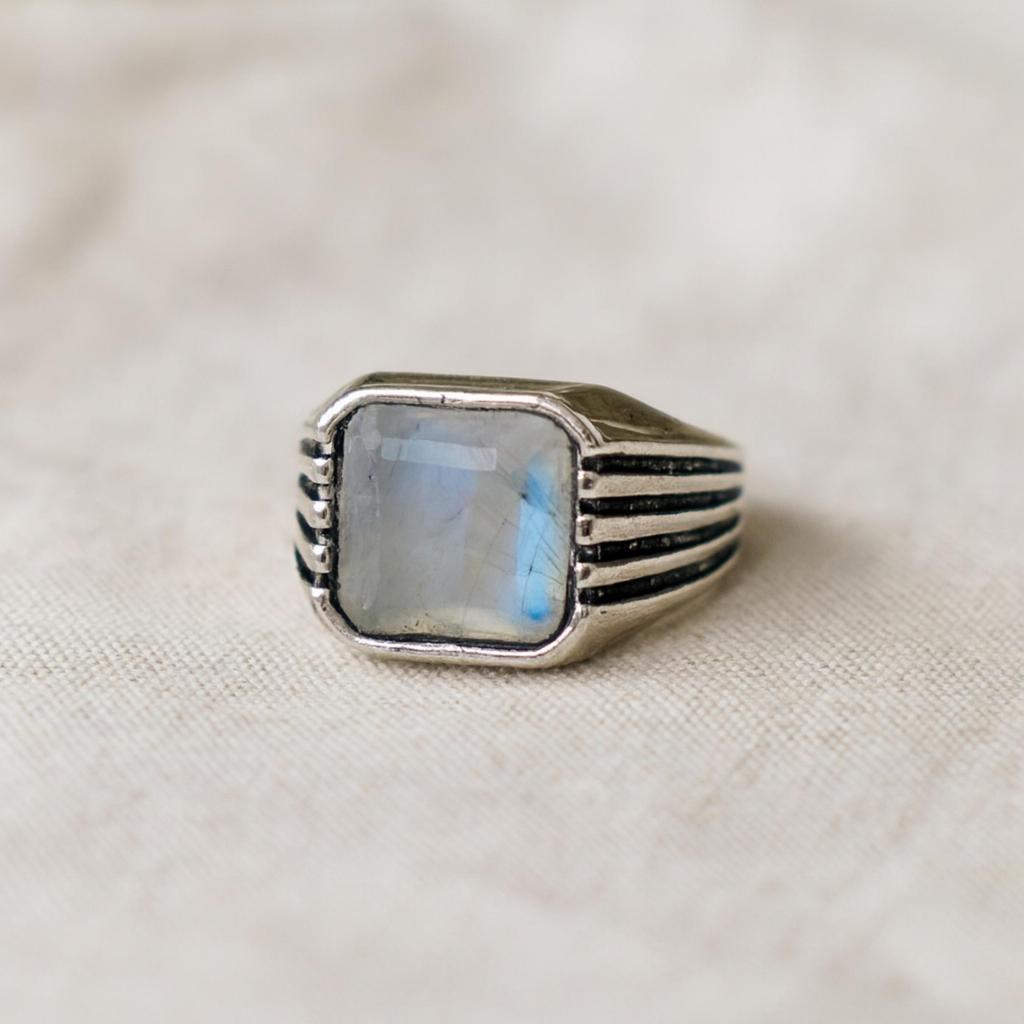 Rainbow Moonstone Signet Ring, Handmade 925 Sterling Silver Jewelry, Square Cut Gemstone Ring, Men Women Ring