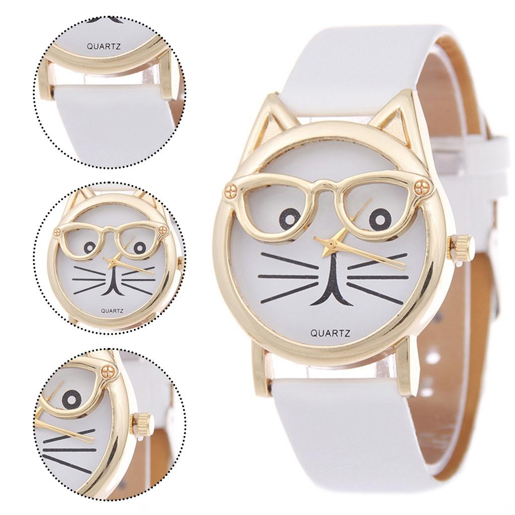 Ladies Watch Wear Glasses Cat Dial Belt Ladies Quartz Watch