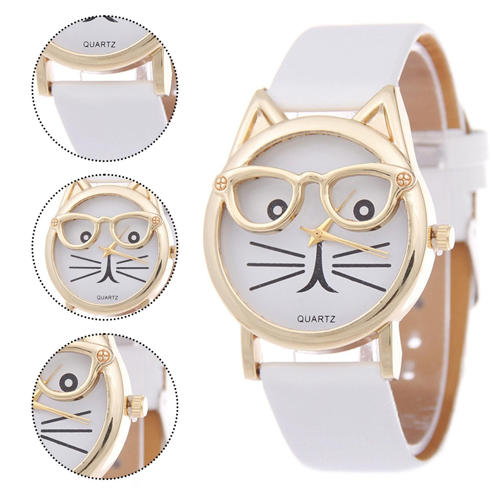 

Женские часы, очки, ремешок с кошачьим циферблатом, женские кварцевые часы белый