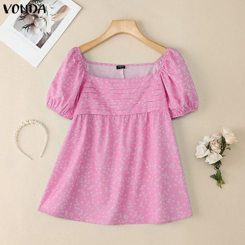 

VONDA Summer Women Casual Square Collar Short Sleeve Polka Dots Blouse 5XL розовый