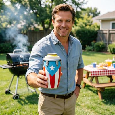 Puerto Rican Flag Conga Style 3D Printed Can Holder, Beverage Insulator, Lightweight 12oz Can Cooler for Parties Beaches Barbecues Caribbean Gift