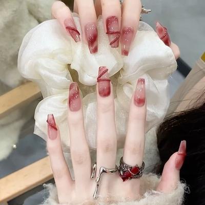 100% HANDMADE Long Coffin Shape Fake Nail Set with Glue Retro Hottie Red Wine Heart Agate Press On Nails Acrylic Fake Nails Reusable Fake Nails