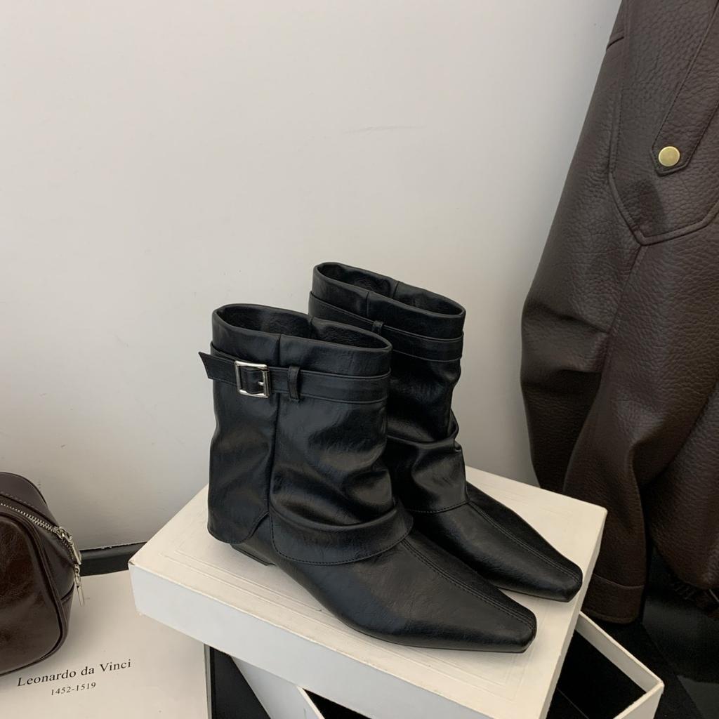 European and American sexy small square trouser boots women's square and 2025 autumn and winter fried street low-heeled sleeve short boots