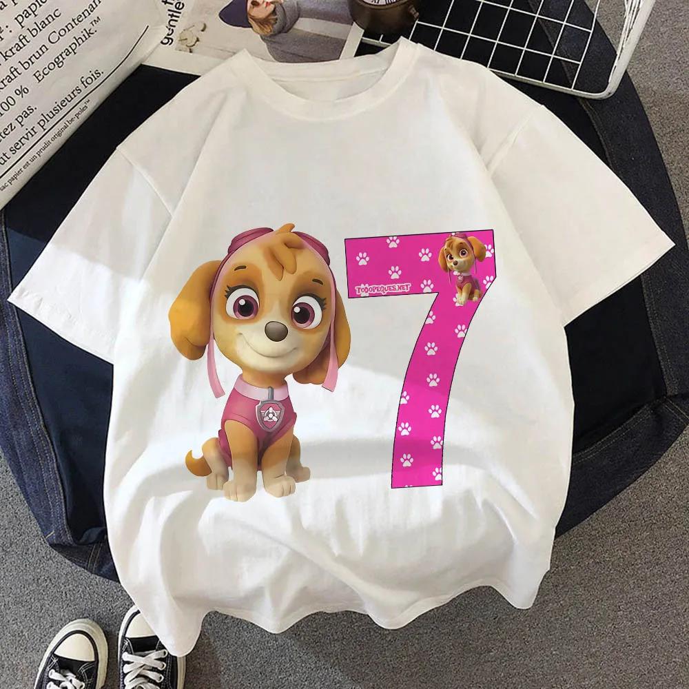 Paw Patrol Birthday Number Tee Shirt Baby Summer Cotton T Shirt Boy Girl Chase Skye Printed Kid Clothes Cartoon Letter Tops Gift