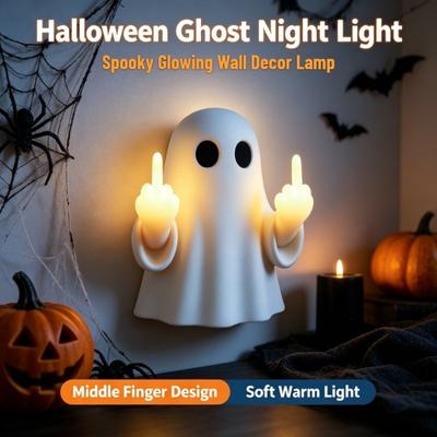 Halloween Ghost Middle Finger Glowing Night Light – Resin Spooky Wall Lamp for Porch, Bedroom, Balcony, Holiday Decor