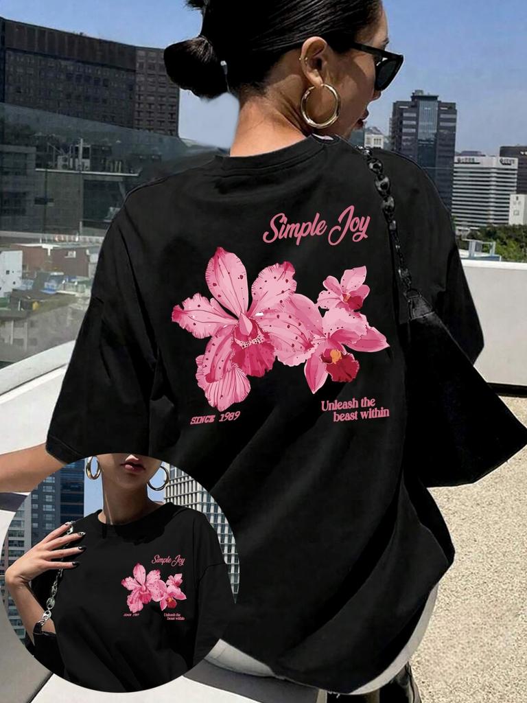 Simple Joy Pink Orchid Graphic TShirt Unleash The Beast Within Floral Casual Tee DoubleSided Print Y2k Top Harajuku