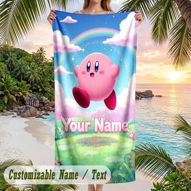 Kirby Beach Towel, Personalized Custom Text, Quick Dry Soft Large Towel For Swimming Pool Travel