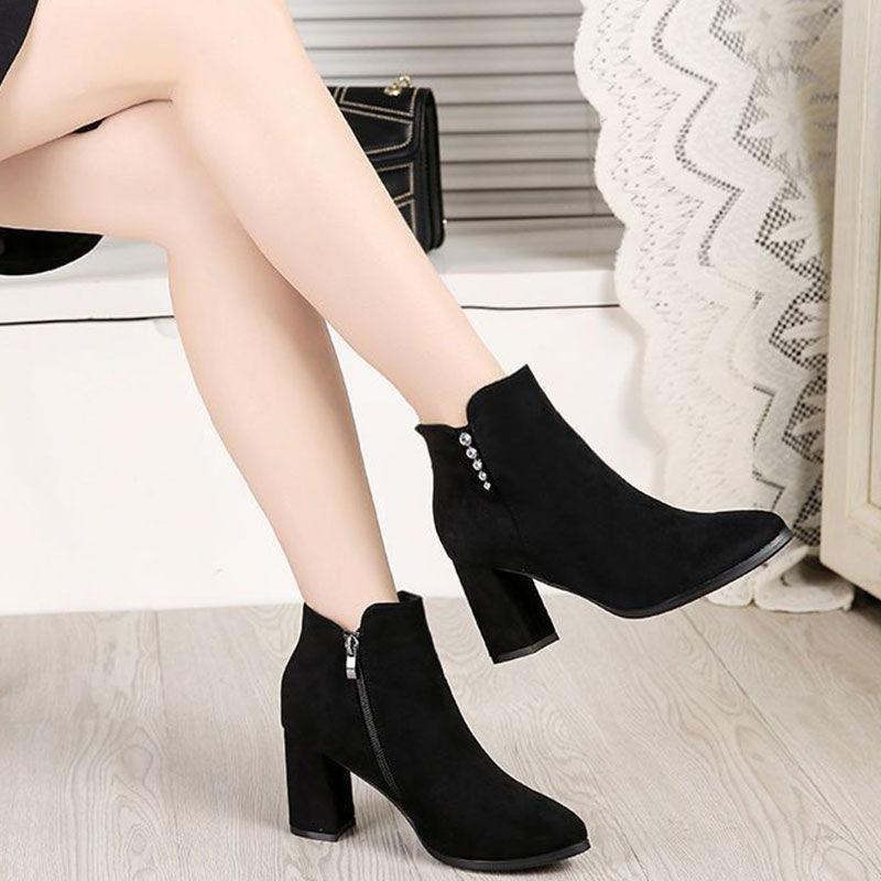 All soft leather medium boots retro medium heel square head thin boots soft leather thick heel short boots Martin boots