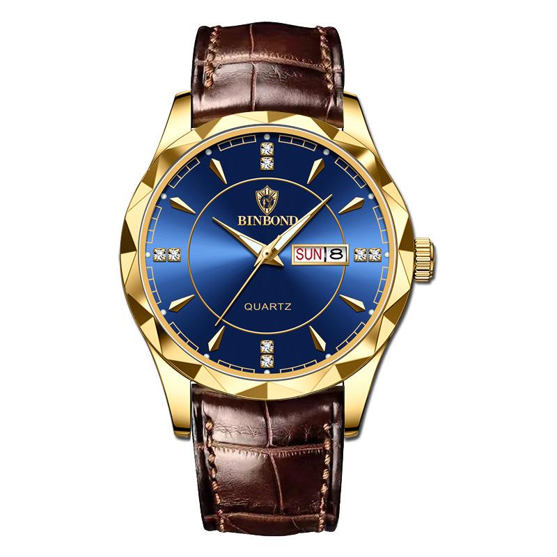 Men s Watch Gold Watch Steel Belt Double Calendar Week Quartz Watch Men s Watch