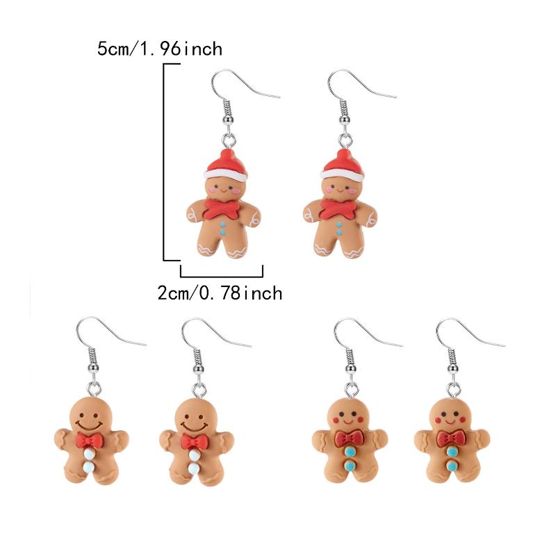3 пары милых мультяшных рождественских серег в виде пряничных человечков и имитации печенья из смолы, набор подвесных серег, женское рождественское украшение