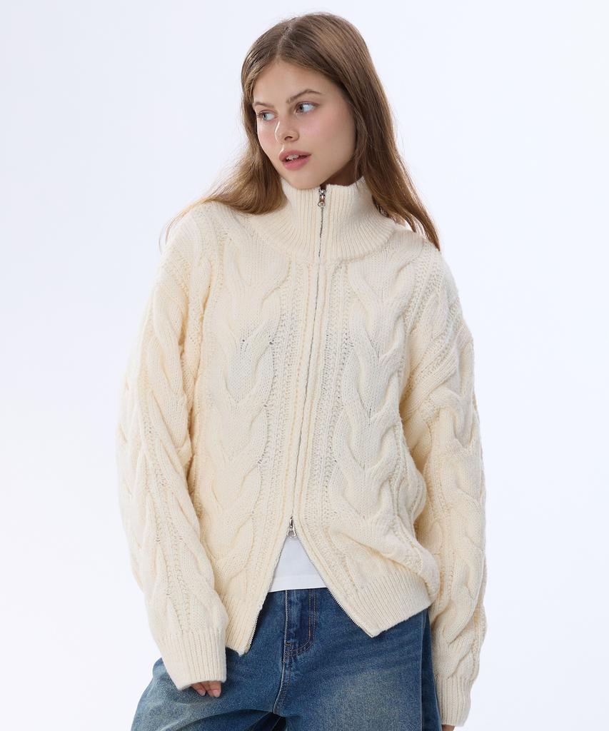GHOST REPUBLIC Cable 2-Way High-Neck Knit Zip-Up 3 Colors Gkz-277