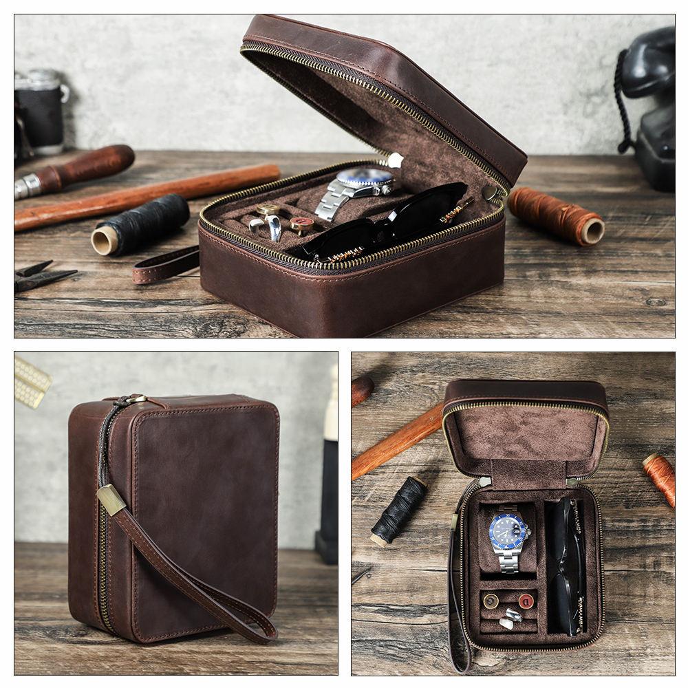 Luxuriöse Vintage Leder Uhrenaufbewahrungsbox für Herren Reise Schmucketui Leder Uhr Ringe Manschettenknöpfe Sonnenbrillen Kaffeefarbenes Leder