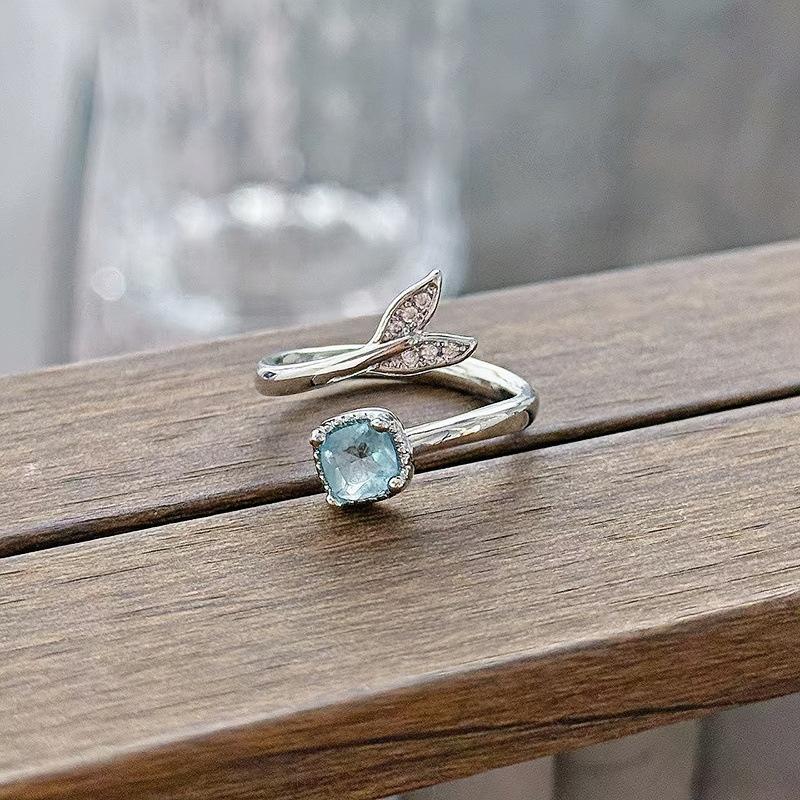 New Niche Light Luxury High Sense Sea Blue Zircon Super Fairy Open Ring Simple Fashion Jewelry Women