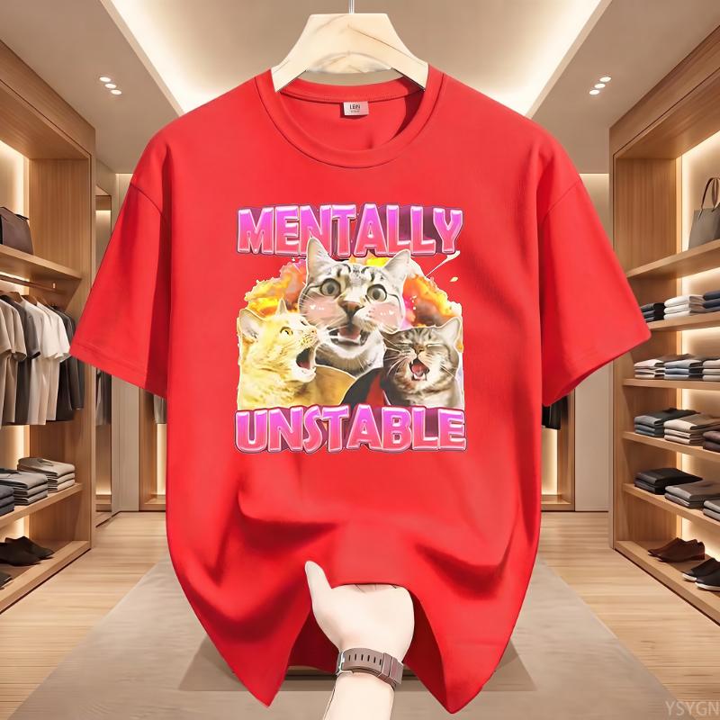 Mentally Cat Meme Aesthetic T Shirts Mens Women Vintage O-Neck Tshirt Short Sleeve Oversized Tshirts
