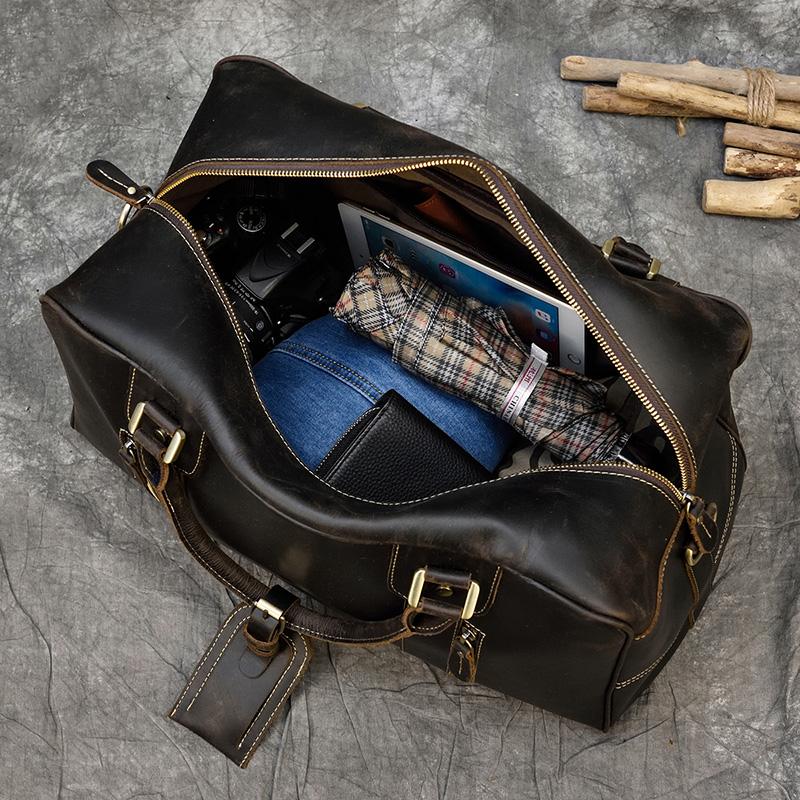 Vintage Leather Travel Bag Crazy Horse Leather Fashion Handbags For Man Male Leather Duffle Bags Brown Weekender Bag
