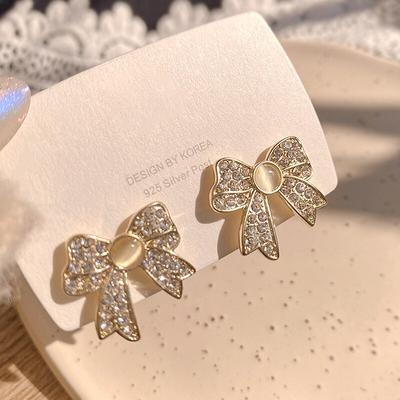 Pendientes de Lazo de Ópalo Chapados en Oro Real de 14k Exquisitos y a la Moda para Mujer Joyería para Niña Circonita AAA Aguja de Plata S925 Pendientes de Tuerca Regalo para Fiesta