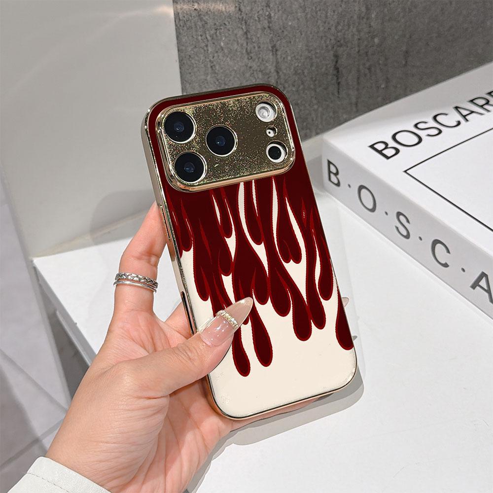 Lucky Start Phone Case For iPhone 17 16 15 14 13 12 11 Pro Max 16E Gold Electroplated Glass Shell Burgundy Flames Cover