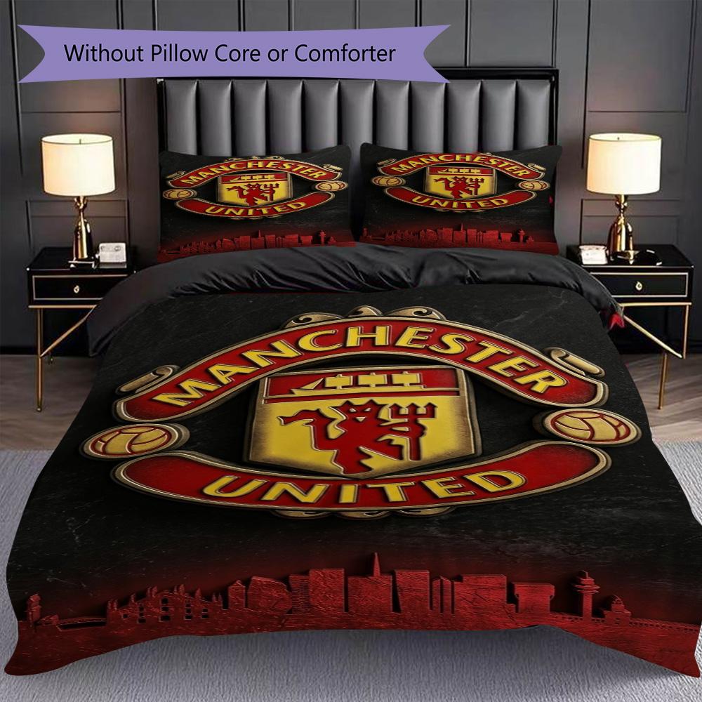 Manchester emblem purple background Bedding (1 * duvet cover + 2 * pillowcase, without core) 2D Flat Soft and comfortable Christmas birthday gift