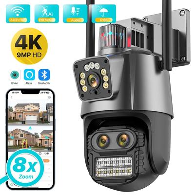 2026 New Outdoor EU PTZ Camera 9MP 4K HD 8X Hybrid Zoom Three Lens Dual Screen Wifi IP Camera 4MP Police Light Alarm CCTV Surveillance ICSee
