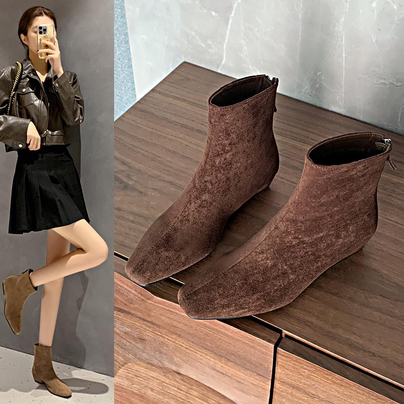 Fashion 2025 Temperament Inside Heightening Women's Block Heel Suede Booties New Back Zip Naked Boots