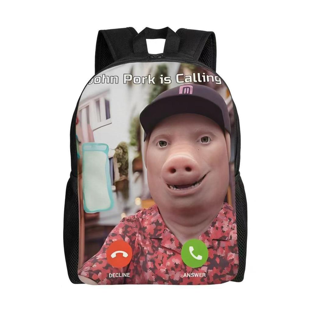 Funny John Plaid Shirt Pig Pork Printed School Bag Primary School Student 17-Inch Large Capacity One