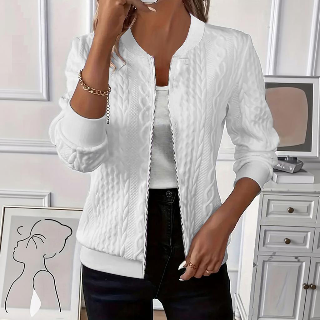 Women's Knit Zip Up Jacket Casual Solid Color Baseball Style Long Sleeve Lightweight Outerwear with Ribbed Collar and Cuffs