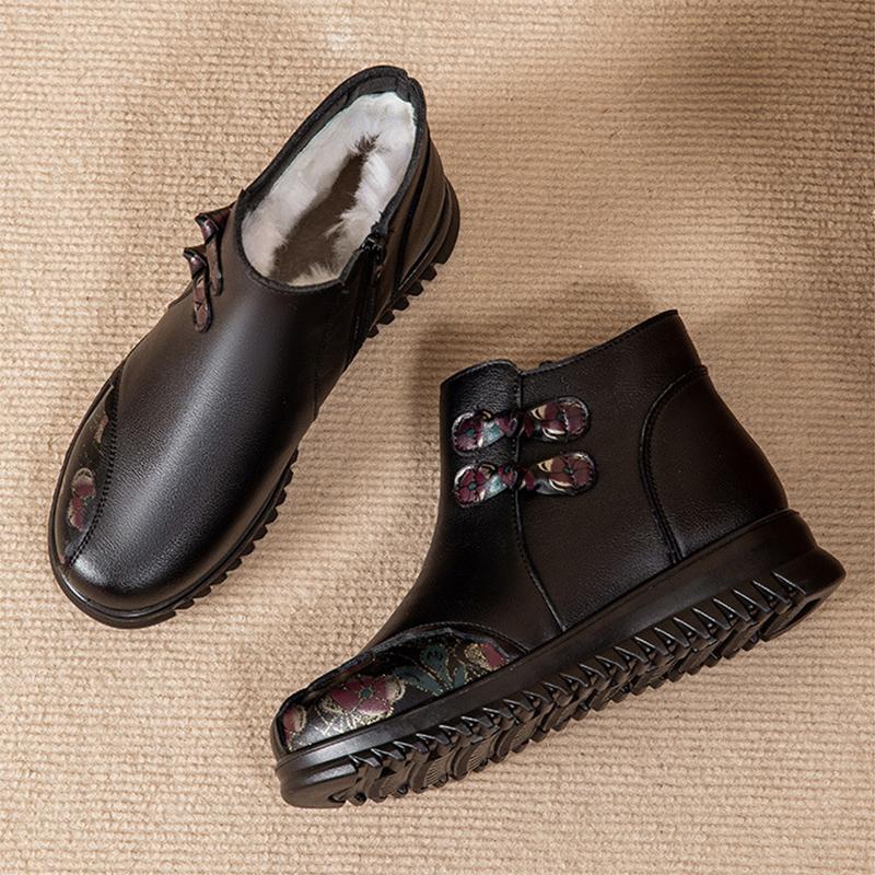 Winter Genuine Leather Shoes Women Snow Boots Waterproof Warm Plush Mother Shoes Ankle Boots Black Big Size 42 D670