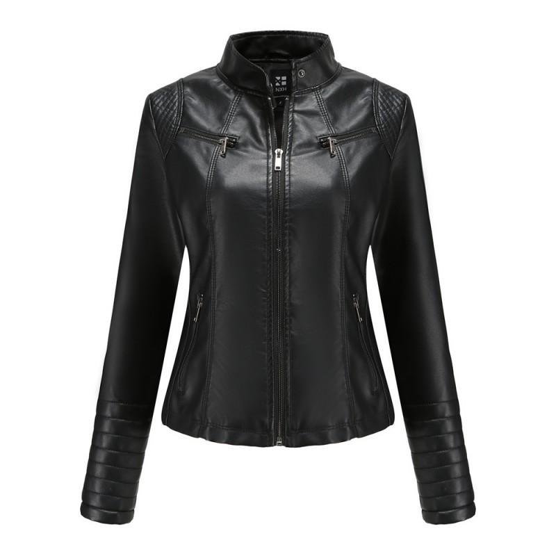 Womens PU Leather Moto Jacket Short Fit Stand Collar Casual Chic Biker Style Lightweight