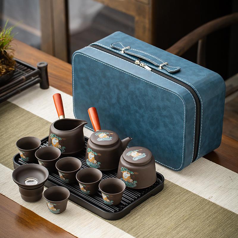 Purple sand travel tea set, ceramic kung fu portable storage bag, teapot, teacup, complete set of business gifts, portable