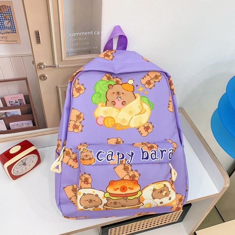 

Loopy Capybara Cute Yellow Duck Snowman Burger Cartoon Printed Kid Backpack Purple