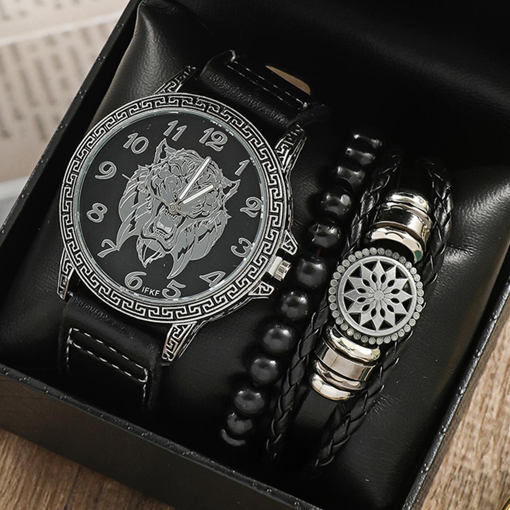 Men's leather wristband with tiger head beads and numbers; no gift box included.