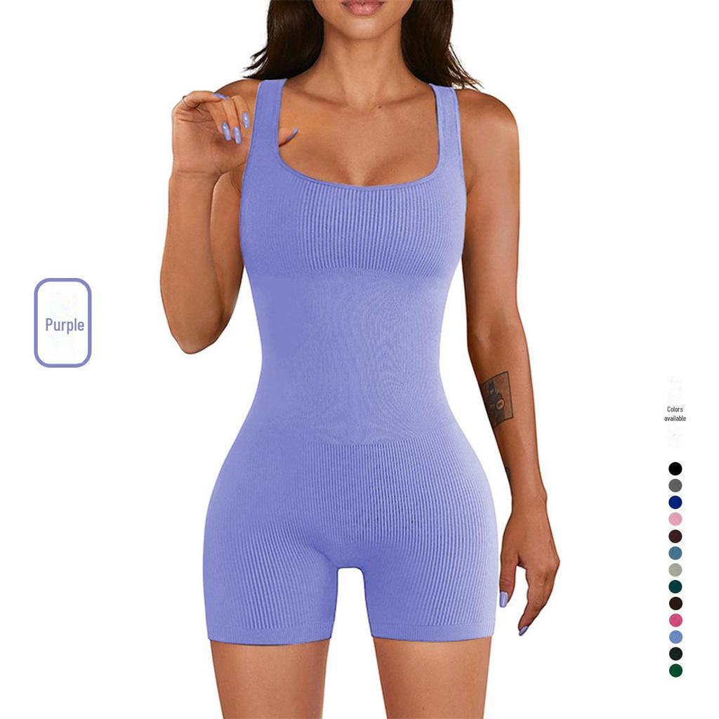 2023 Women's Ribbed Yoga Jumpsuit - Short-Sleeved and Tight Fit for Summer Fitness