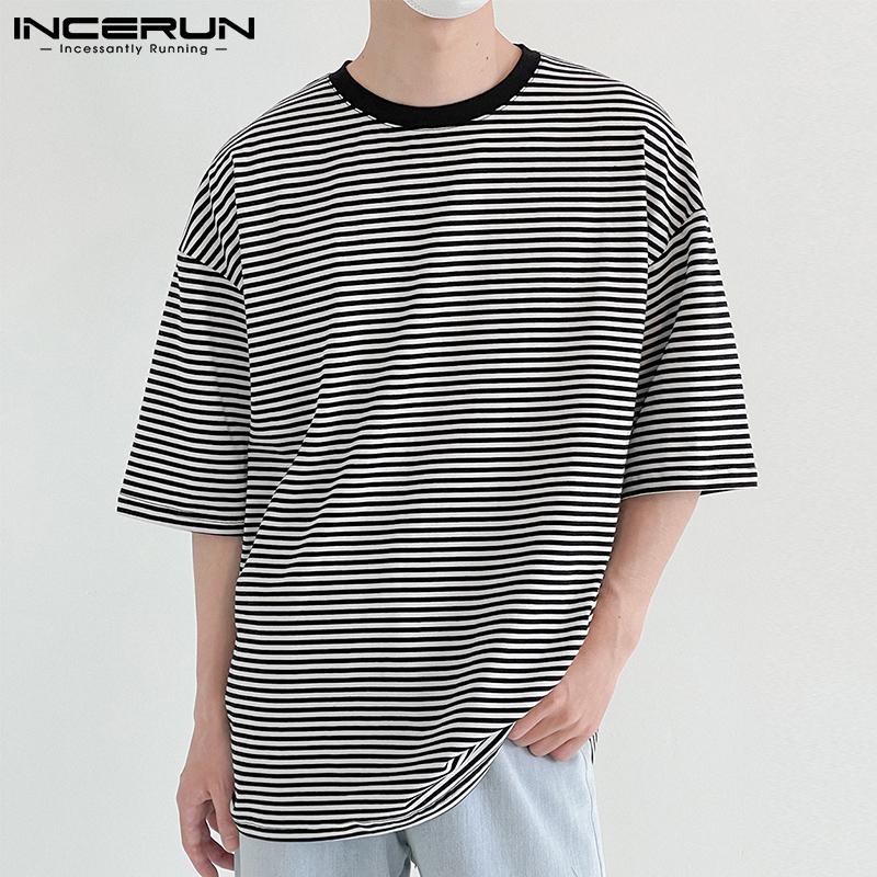 

INCERUN Лето Мужские полосатые тройники Топы Свободные короткие рукава