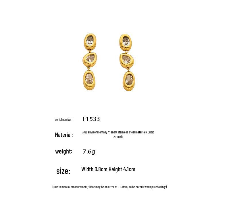 European Niche Design Zircon-Inlaid Water Drop Tassel Earrings, 18K Gold-Plated Stainless Steel