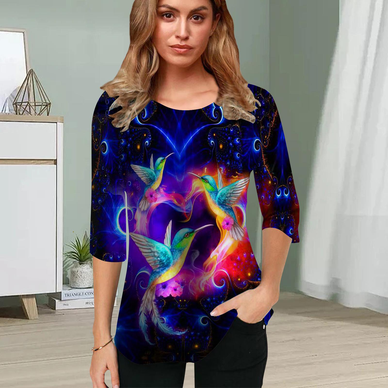 

Женская блузка с принтом 3D сороки, цветочные топы с коротким рукавом, летние повседневные топы, футболка с круглым вырезом и коротким рукавом 2XL