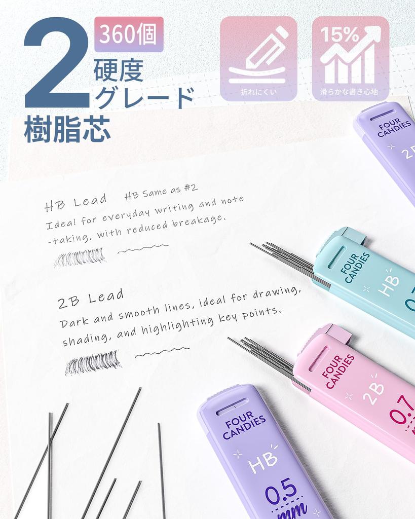 Four Candies Mechanical Pencil Set HB 2B Cute Mechanical Pencils with 720 3 Pastel and 18 Eraser Aesthetic Pencils for Art and Drafting 12-Piece - 0.5