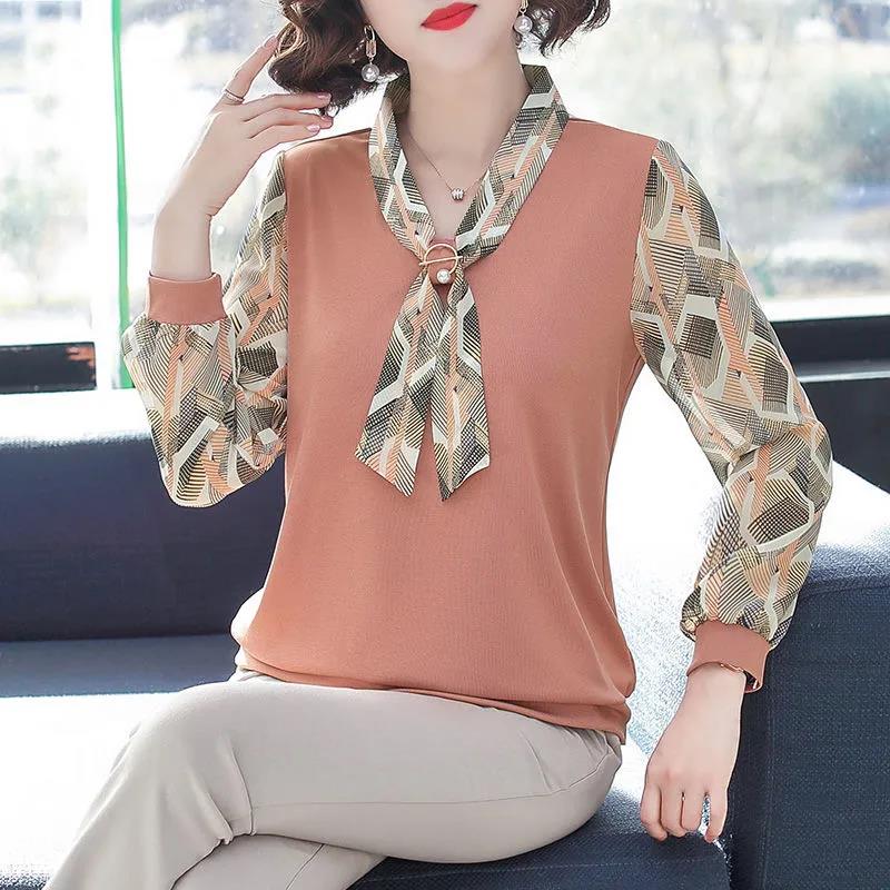 

Нижняя рубашка, женское весеннее платье для матери, топ в западном стиле с короткими рукавами, большой размер, шифоновая рубашка для среднего и пожилого возраста L оранжевый