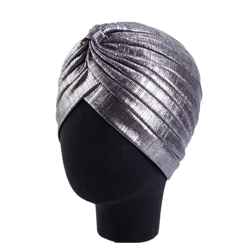 Nové dámské zlaté stříbrné turbanové čepice chemo bandana hidžáb plisovaná indická čepice turbante klobouk dámský šátek na vlasy muslimská pokrývka hlavy