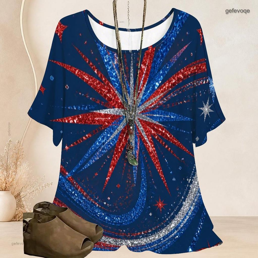 Damen Übergröße Fledermausärmel Kurzarm Oberteil Rundhals Stern Farbspritzer Print Locker Lässige Tunika Bluse