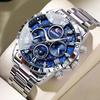 BINBOND Luxury Fashion Men Watches Multi-functional Stainless Steel Original Quartz Wristwatch Moon Phase Chronograph Waterproof