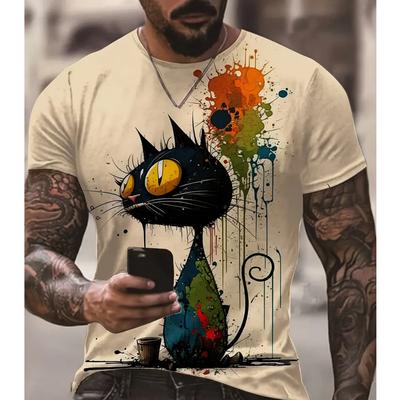 Men's T-Shirt Animation Cat Graffiti Pattern Short Sleeve T-Shirt Animal Print Tops Oversized Tees Summer Men's Clothing 4XL
