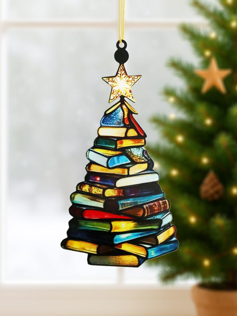 Christmas Tree Shaped Hanging Ornament, Colorful Stacked Books Design with Star Topper, Festive Gift for Book Lovers & Xmas Tree