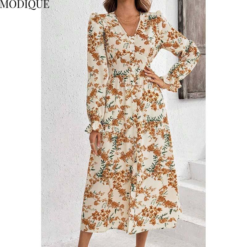 MODIQUE 2025 Summer Plus Size New Women's Sexy Casual Floral Printing Slip Sleeve Cover Long Dress Ladies A-Line Hot V-Neck Dress